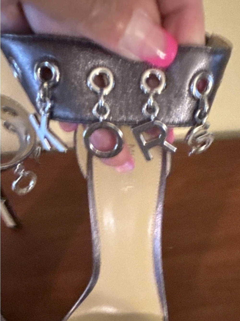 Michael Kors Silver Metallic Ankle-Strap Heels with Logo Charms